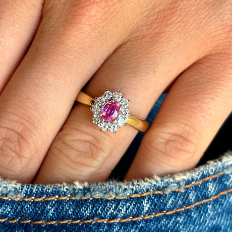 Vintage, 1960s pink sapphire & diamond cluster ring, 18ct yellow gold worn on hand.