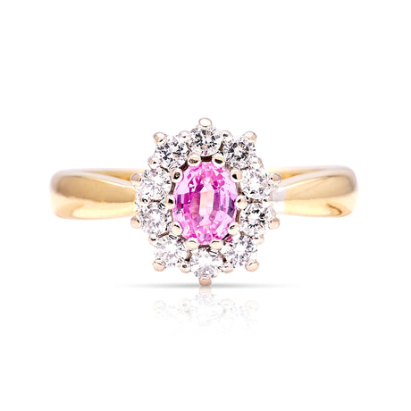 Vintage, 1960s pink sapphire & diamond cluster ring, 18ct yellow gold front