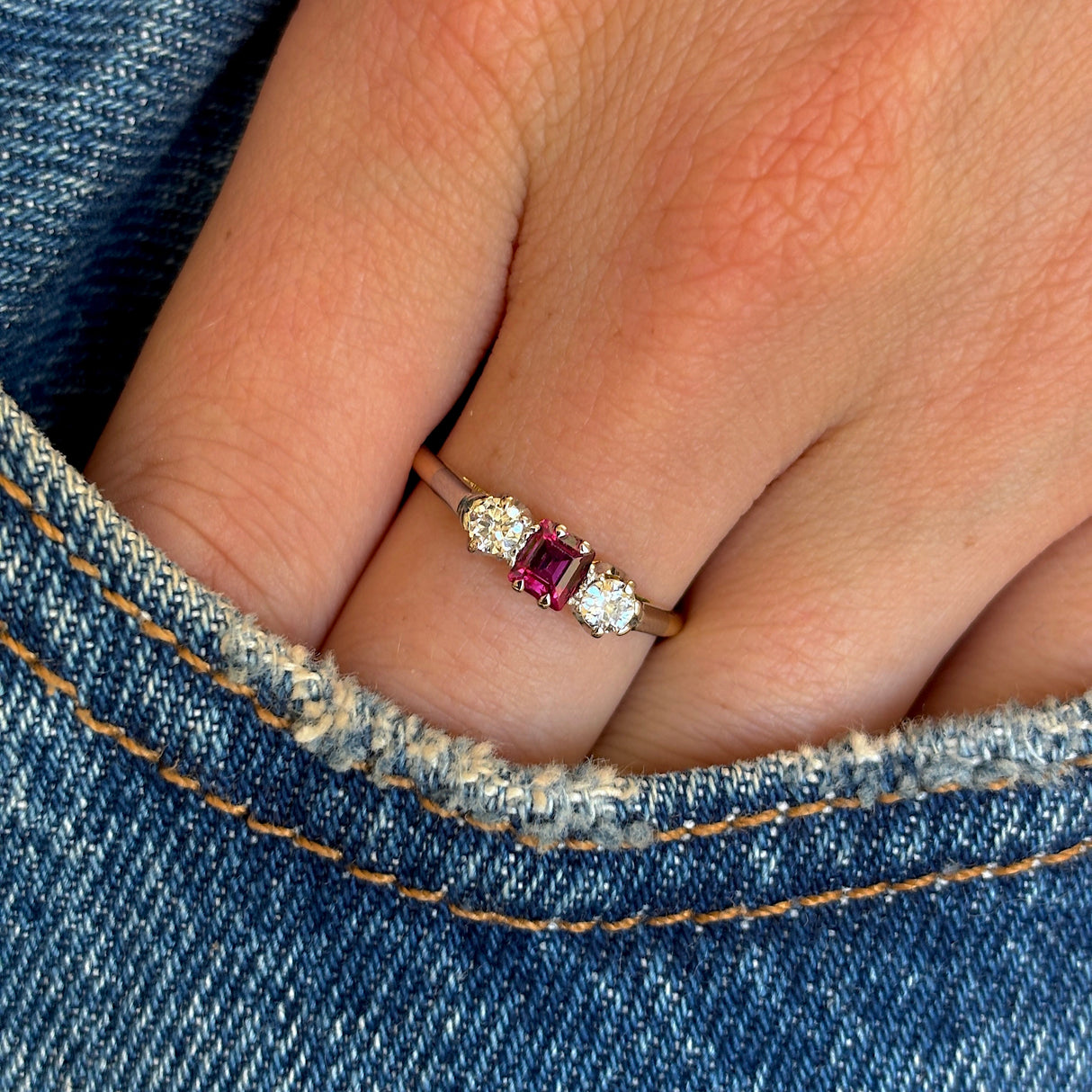 Antique, Edwardian ruby & diamond three-stone ring