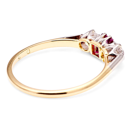 Antique, Edwardian ruby & diamond three-stone ring, 18ct yellow gold back