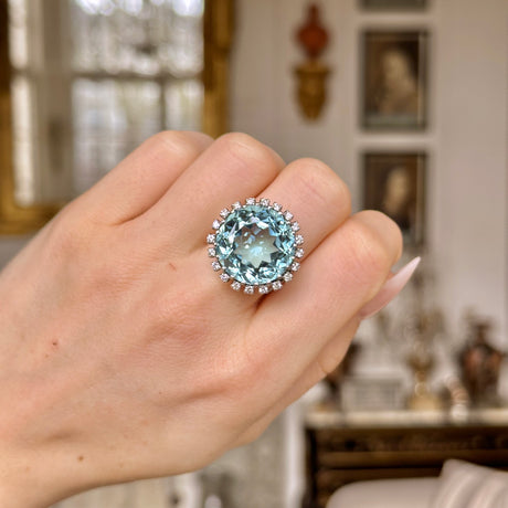 20ct Aquamarine and Diamond Cluster Ring, 18ct White Gold, Circa 1970 worn on closed hand.