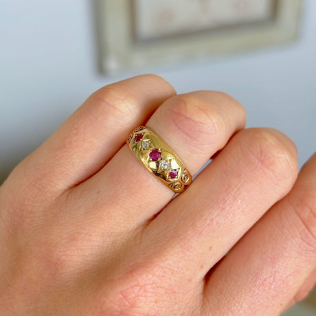 Antique, Edwardian five-stone ruby & diamond ring