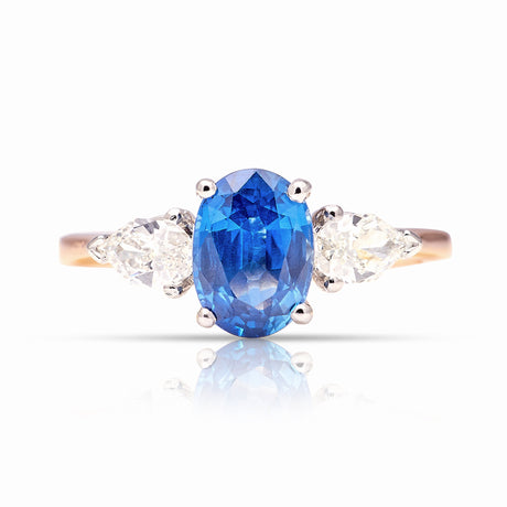 Vintage, sapphire & diamond three-stone ring front