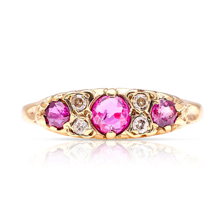 Vintage, 1970s three-stone ruby & diamond ring front