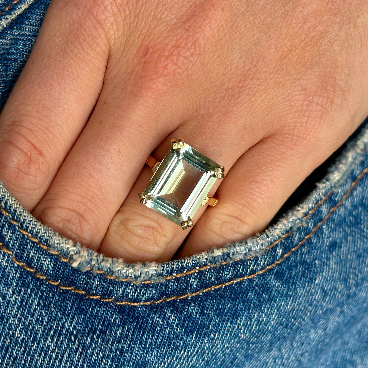 2110-Vintage, mid century green quartz cocktail ring worn on hand.