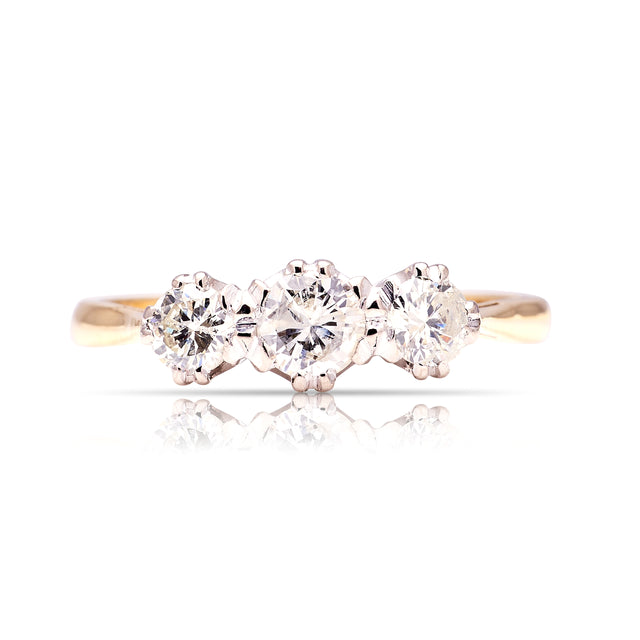 Antique, Edwardian three-stone diamond ring front