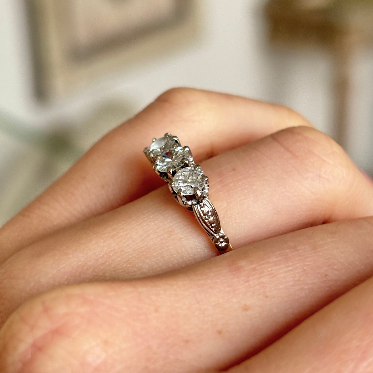 Antique, Edwardian three-stone diamond ring