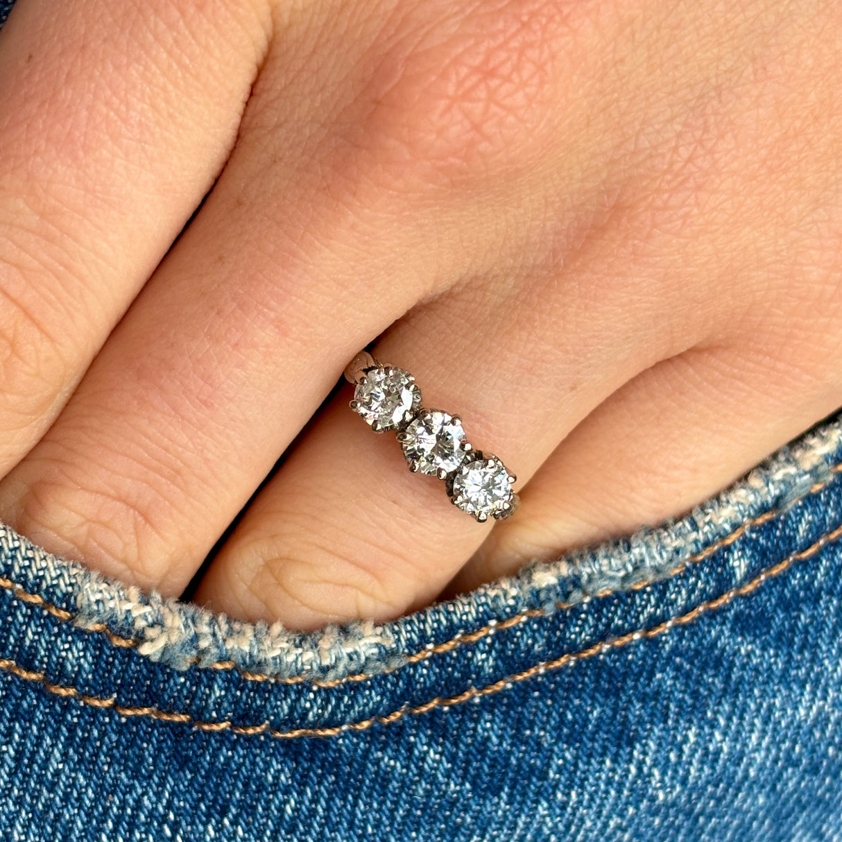 Antique, Edwardian three-stone diamond ring