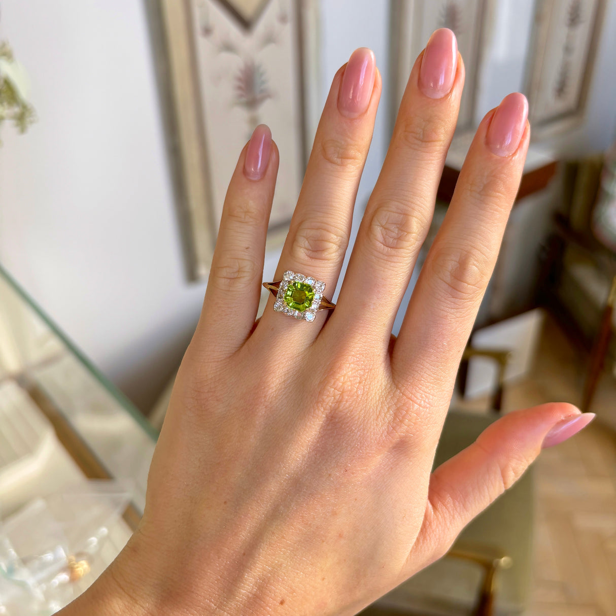 Antique, Edwardian peridot & diamond cluster ring