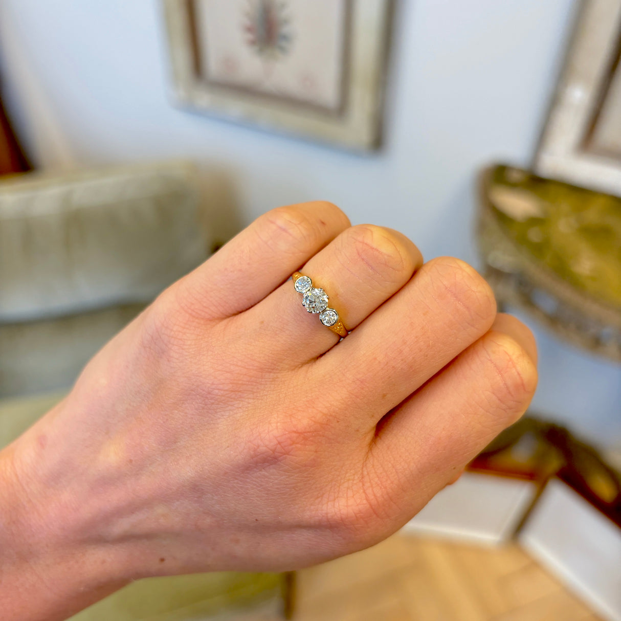 Antique, Edwardian three-stone diamond ring