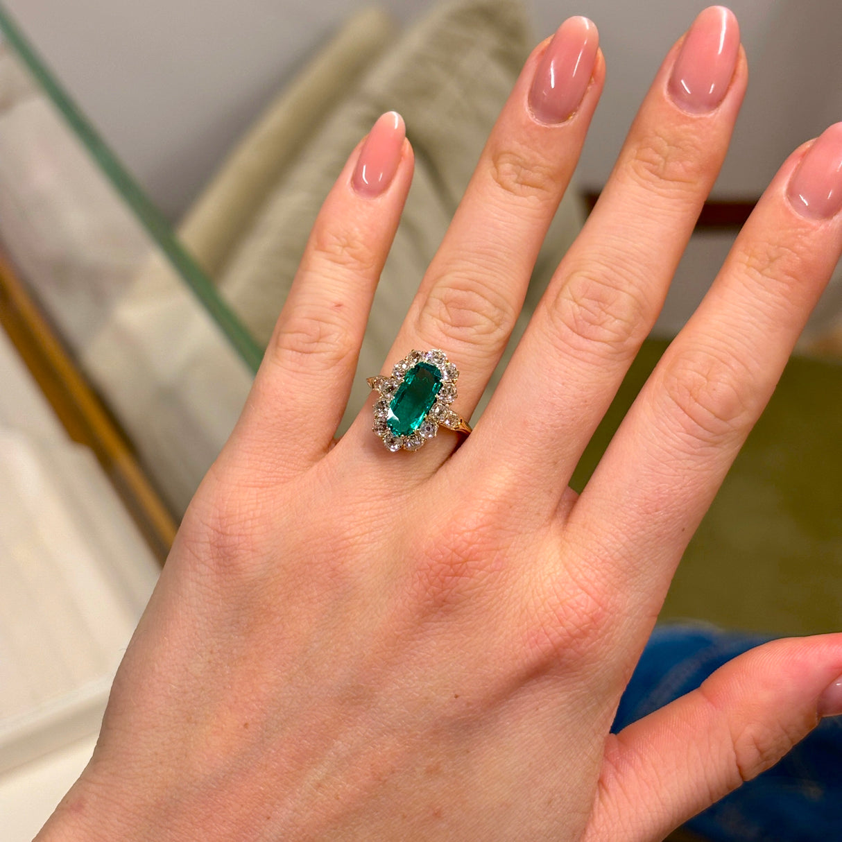 Antique, Edwardian emerald & diamond cluster ring