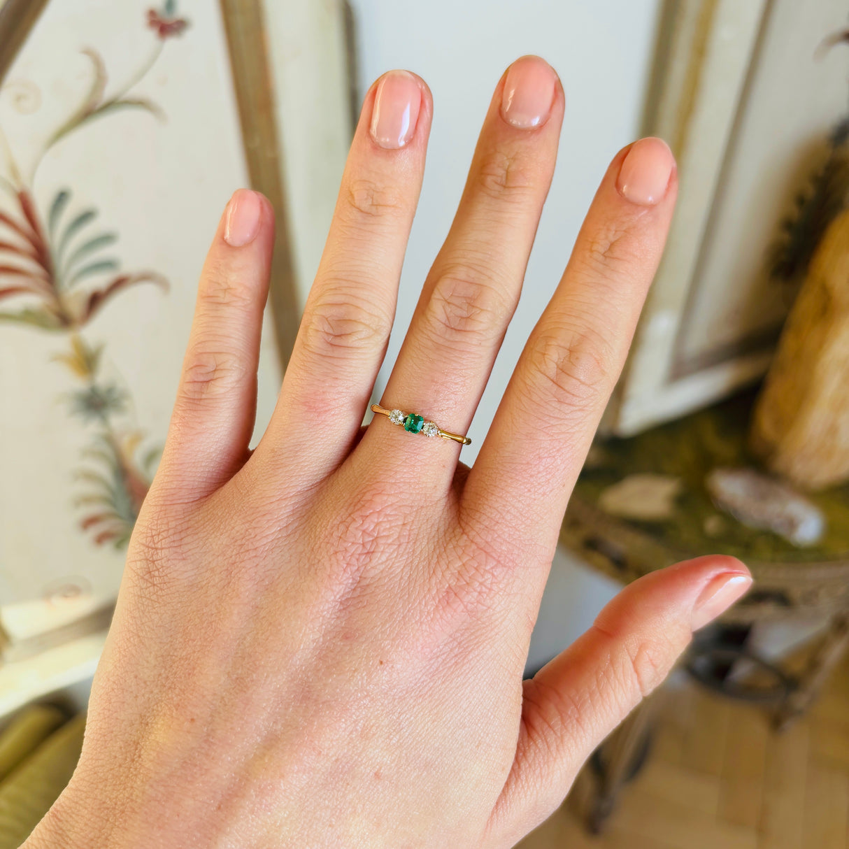 Antique, Edwardian emerald & diamond three-stone ring