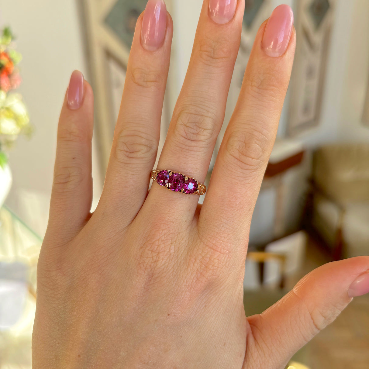 Antique, Edwardian three-stone pink garnet ring