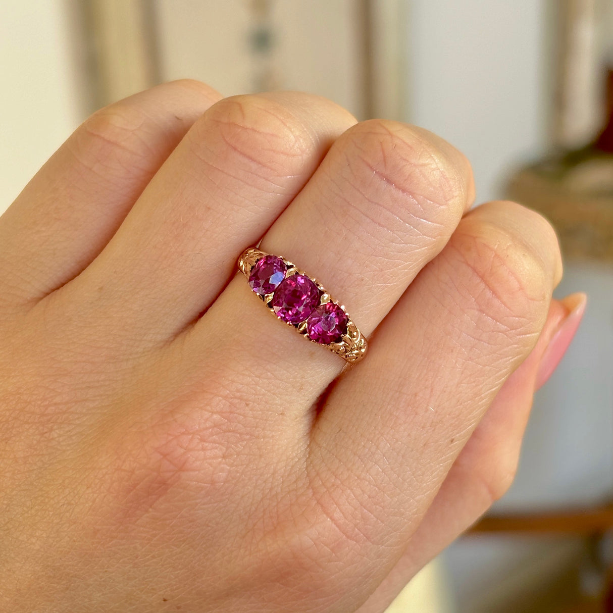 Antique, Edwardian three-stone pink garnet ring