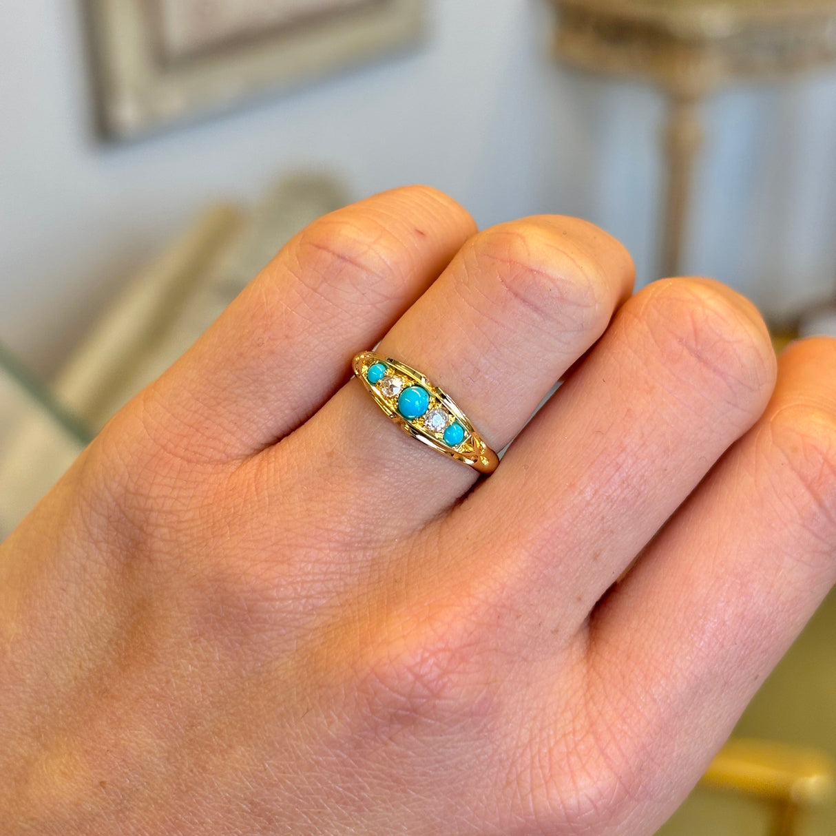 Antique, Edwardian turquoise & diamond five-stone ring