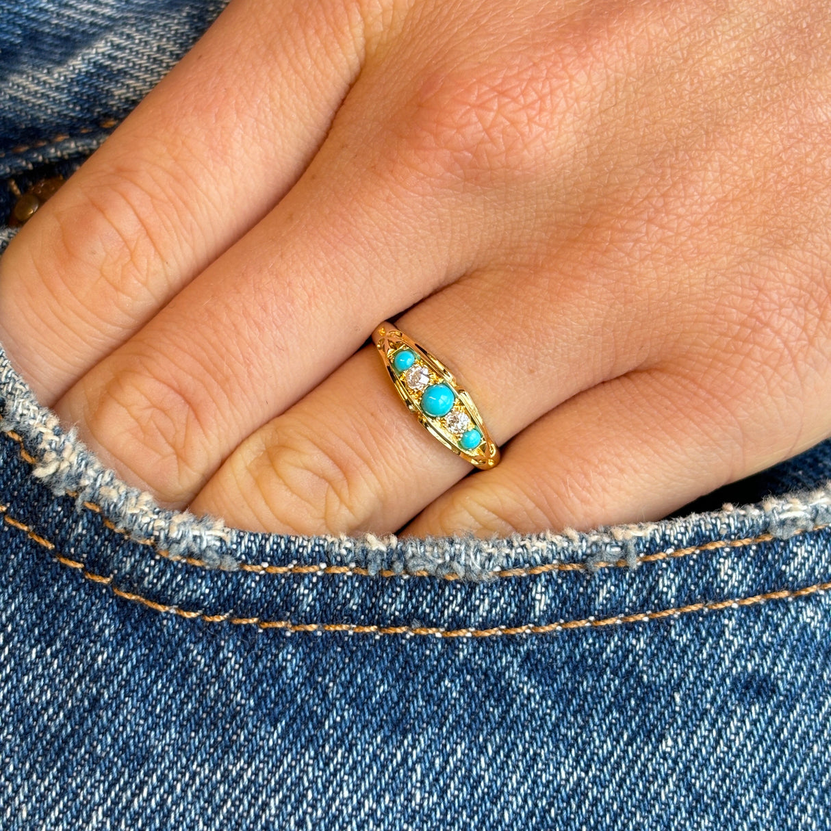 Antique, Edwardian turquoise & diamond five-stone ring