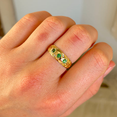 Antique, Victorian three-stone green garnet gypsy ring