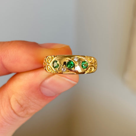 Antique, Victorian three-stone green garnet gypsy ring