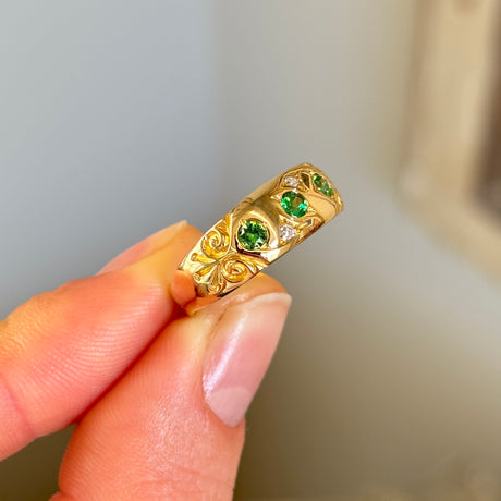 Antique, Victorian three-stone green garnet gypsy ring