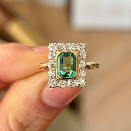 Antique, Edwardian emerald & diamond panel cluster ring