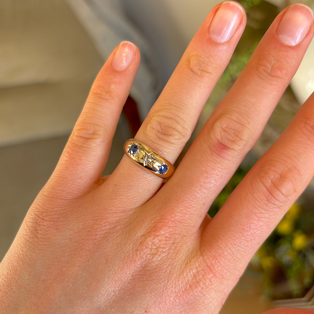 Antique, Edwardian sapphire & diamond three-stone gypsy ring