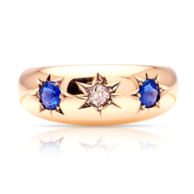 Antique, Edwardian sapphire & diamond three-stone gypsy ring