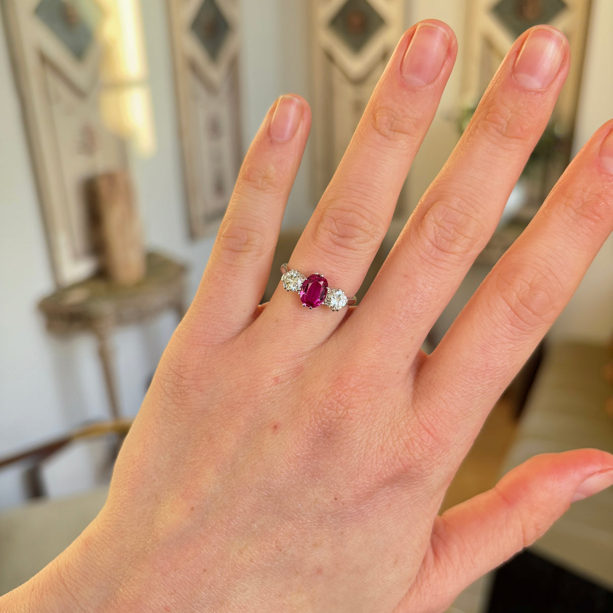 2415-Antique, Edwardian pink sapphire & diamond three-stone ring