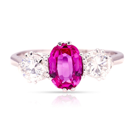 Antique, Edwardian pink sapphire & diamond three-stone ring