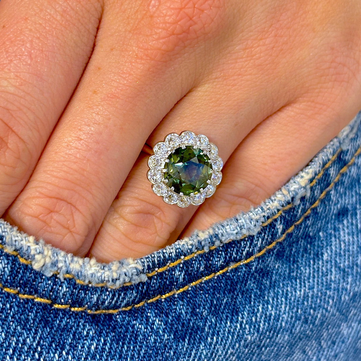 Antique, Edwardian green sapphire & diamond cluster ring