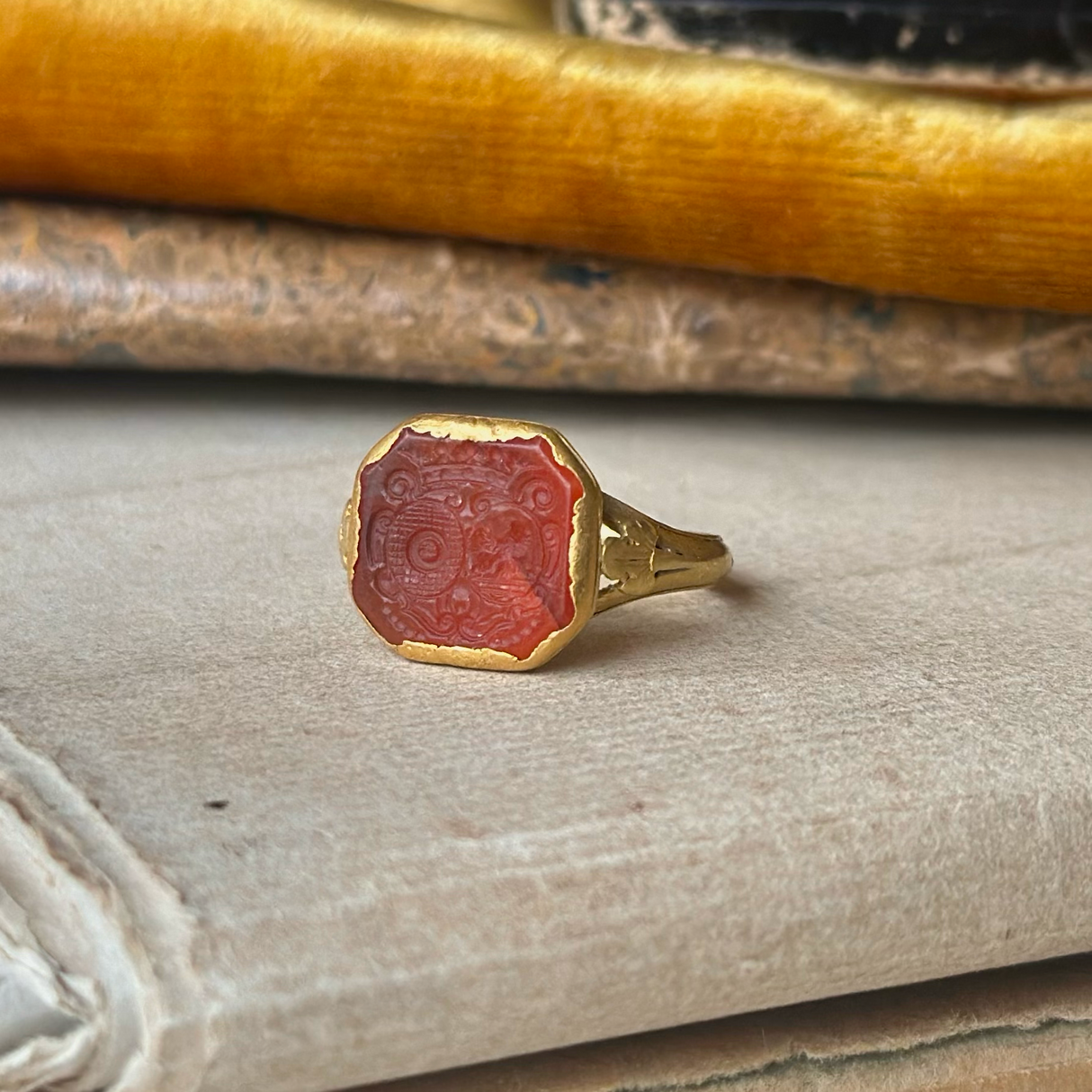 Antique hard-stone intaglio ring, front view.