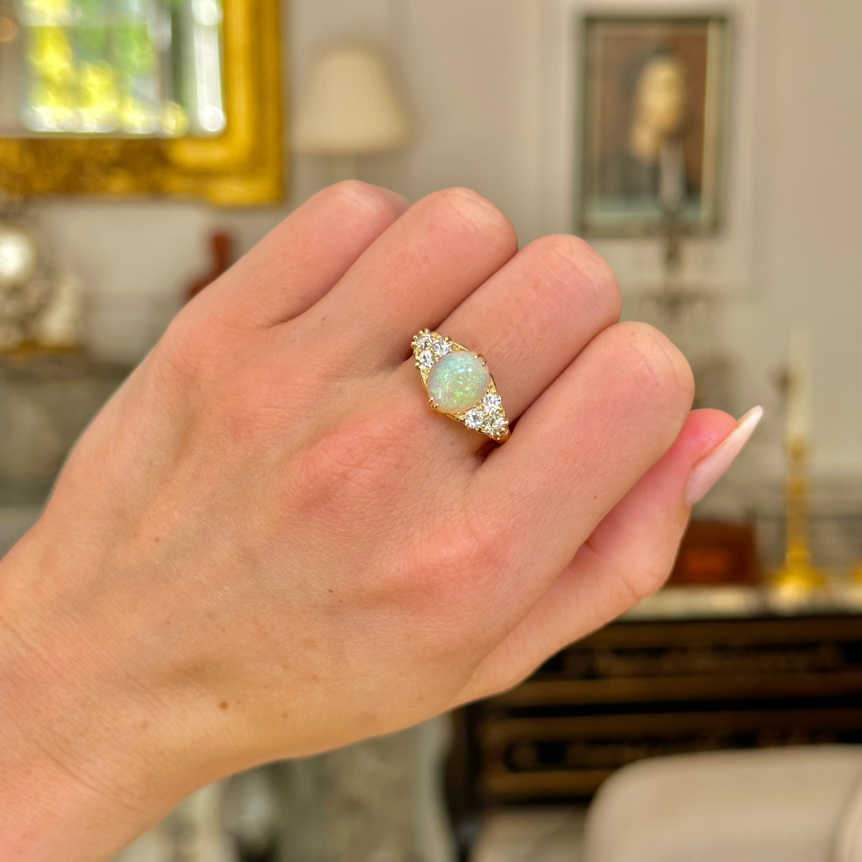 Antique, Edwardian Opal & Diamond Cluster Ring, 18ct Yellow Gold & Pla – Antique  Ring Boutique