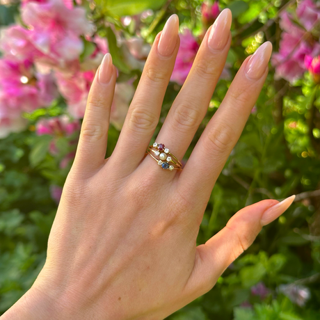 Antique Victorian, sapphire, ruby and pearl ring, 18ct Yellow Gold worn on hand.