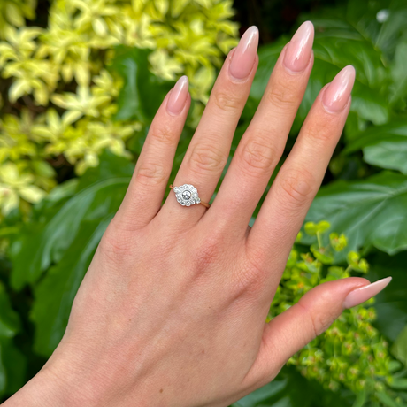 Antique, Belle Époque Diamond Cluster Engagement Ring, 18ct Yellow Gold and Platinum worn on hand. 