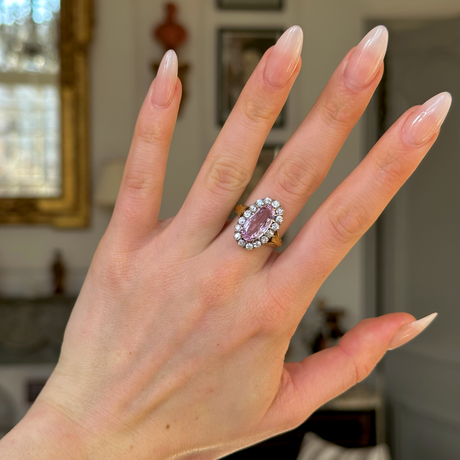 Antique, Belle Époque Pink Topaz and Diamond Cluster Ring, 18ct Yellow Gold worn on hand.