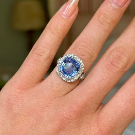 Antique, Belle Époque Sapphire and Diamond Cluster Ring, 18ct White Gold worn on hand. \