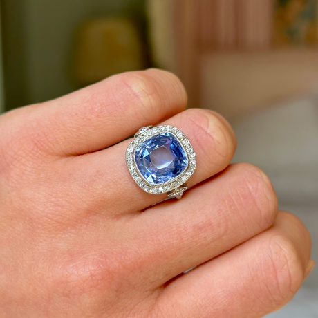 Antique, Belle Époque Sapphire and Diamond Cluster Ring, 18ct White Gold worn on closed hand.