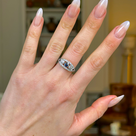 Antique, Belle Époque Sapphire and Diamond Three Stone Ring, 18ct Yellow Gold and Platinum worn on hand.