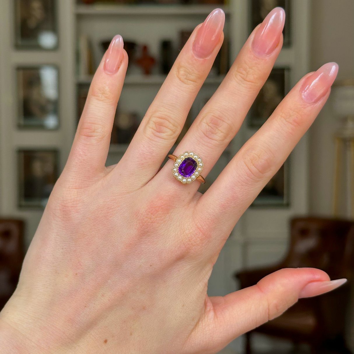 Antique, Edwardian Amethyst and Pearl Cluster Ring, 18ct Yellow Gold worn on hand.