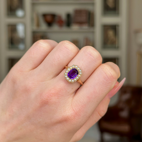 Antique, Edwardian Amethyst and Pearl Cluster Ring, 18ct Yellow Gold worn on closed hand.