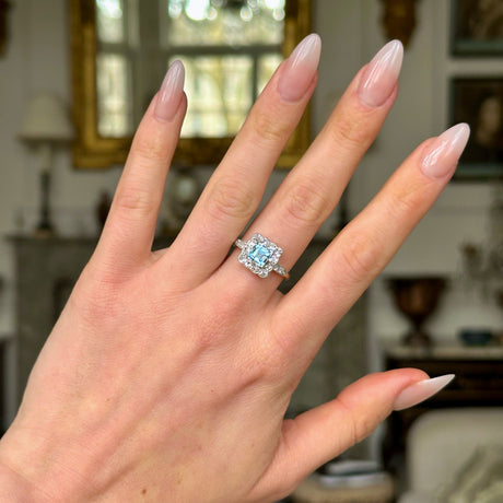 Antique, Edwardian Aquamarine and Diamond Square Cluster Ring, worn on hand.