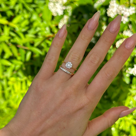 Antique, Edwardian Diamond Cluster Engagement Ring, 18ct Yellow Gold and Platinum worn on hand.