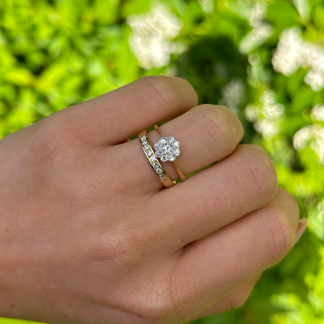 Antique, Edwardian Diamond Cluster Engagement Ring, 18ct Yellow Gold and Platinum worn on hand.