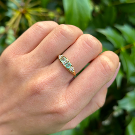 Antique, Edwardian Emerald and Diamond Engagement Ring, 18ct Yellow Gold worn on hand