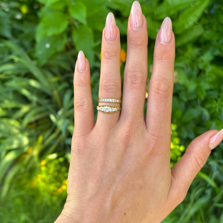  Antique, Edwardian Five-Stone Diamond Ring, 18ct Yellow Gold worn on hand.