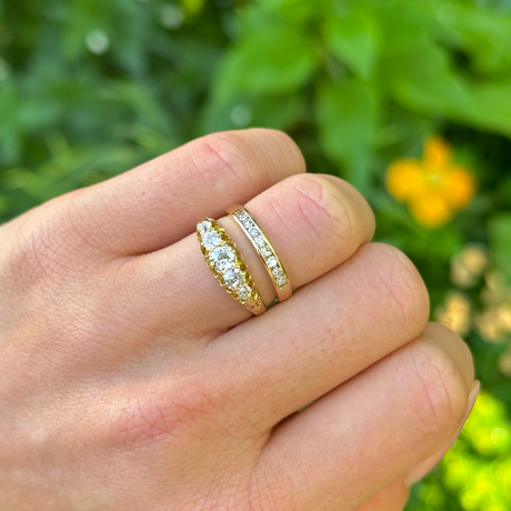 Antique, Edwardian Five-Stone Diamond Ring, 18ct Yellow Gold worn on hand.