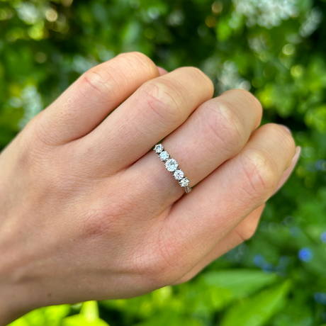 Antique, Edwardian Five-Stone Diamond Ring, 18ct Yellow Gold and Platinum worn on hand.