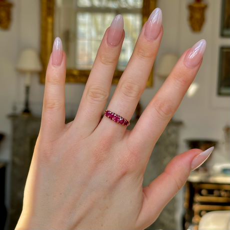 Antique, Edwardian Five Stone Ruby Ring, Yellow Gold, worn on hand