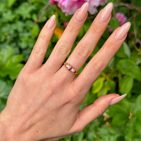 Antique, Edwardian Five Stone Ruby and Diamond Ring, 18ct Yellow Gold worn on hand.