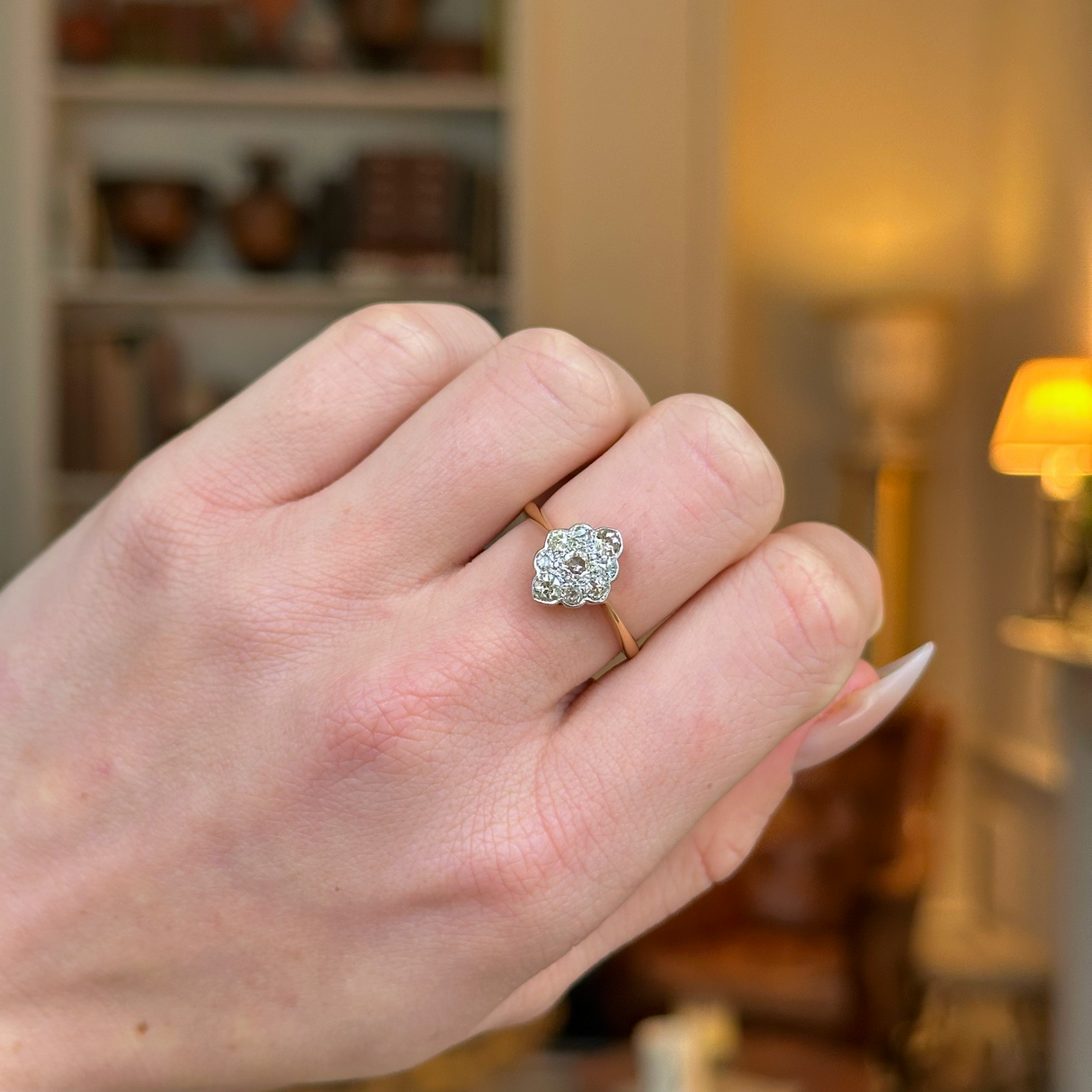 Antique, Edwardian Kite-Shaped Diamond Engagement Ring, 18ct Yellow Gold and Platinum worn on closed hand.