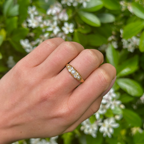 Antique, Edwardian Pearl and Diamond Half Hoop Ring, 18ct Yellow Gold